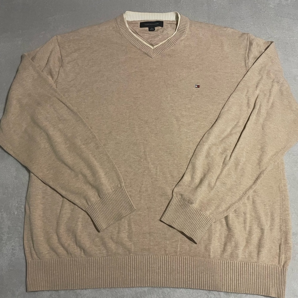 Tommy Hilfiger V-Neck Sweater Mens XL Made in Hong Kong Tan Vintage 1990s